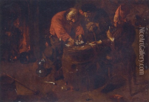 Eldery Peasants Playing Cards On A Barrell In An Interior Oil Painting - Adriaen Jansz van Ostade
