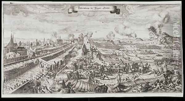 The Storming of Prague by the Swedes in October-November 1648, from Theatrum Europaeum, Volume VI, engraved by Matthaus Merian the Younger, 1652 Oil Painting - Karel Skreta