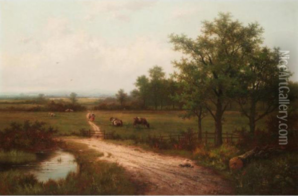 Landscape With Cows And A Watering Pool Oil Painting - Hendrik Pieter Koekkoek