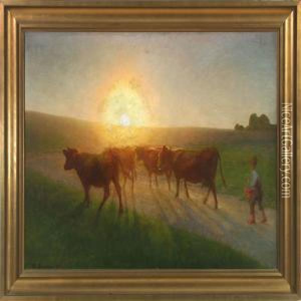 Cows Are Brought Home At
Sunset Oil Painting - Hans Ole Brasen