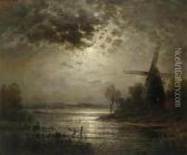 Dutch River Landscape In The Moonlight Oil Painting - Karl Kaufmann
