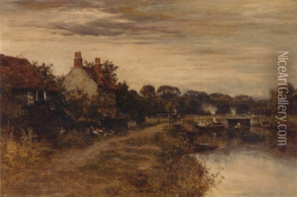 A Summer's Day By The Lock (the Thames?) Oil Painting - William E. Harris
