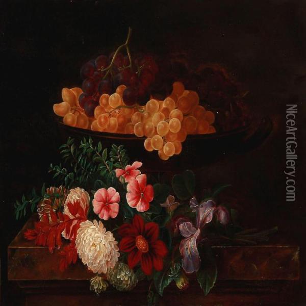Still Life With Flowers And Grapes On A Sill Oil Painting - I.L. Jensen