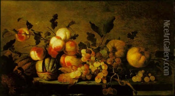A Still Life Of Peaches, Grapes, Melons And Quinces On A Stone Ledge Oil Painting - Jacob Frans van der Merck