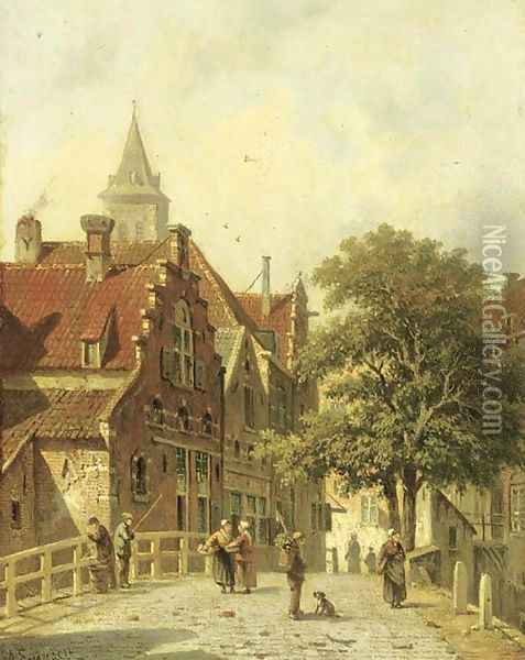 Figures on a bridge in a Dutch town Oil Painting - Adrianus Eversen