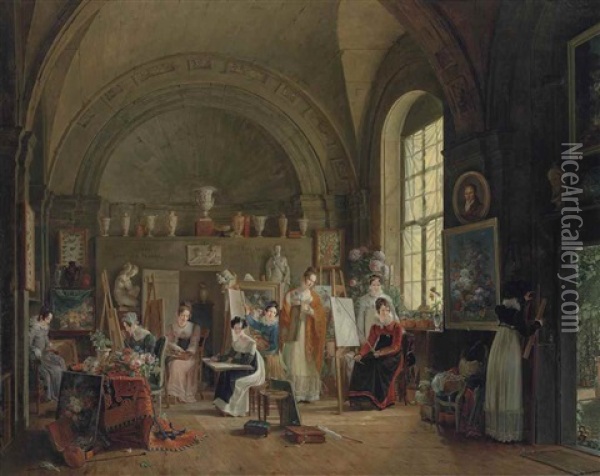 The Visit Of The Empress Marie Louise To The Studio Of Jan Frans Van Dael At The Sorbonne, Paris Oil Painting - Philippe-Jacques van Bree