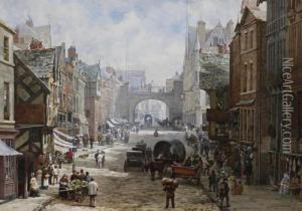 Eastgate Street, Chester, From 
East Of The Cross Looking Towards The Eastgate. The Grosvenor Hotel On 
The Right Oil Painting - Louise Rayner
