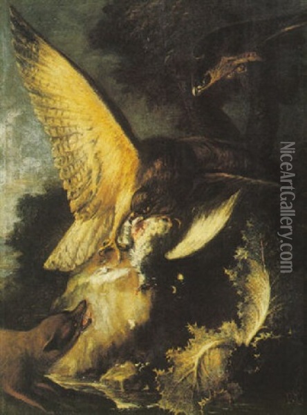 An Eagle Devouring Its Prey In A Landscape Oil Painting - Baldassare De Caro