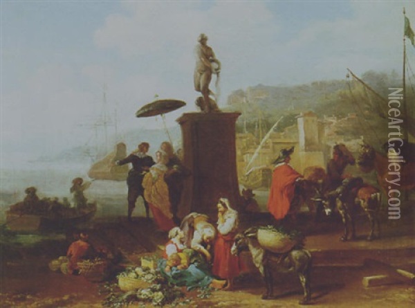 Figures In Italianate Harbor Oil Painting - Hendrick Mommers