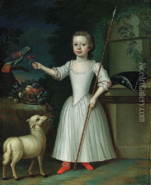 Portrait Of A Young Girl (miss Mildred Drew?) As A Shepherdess, A Lamb Nearby Oil Painting - Bartholomew Dandridge