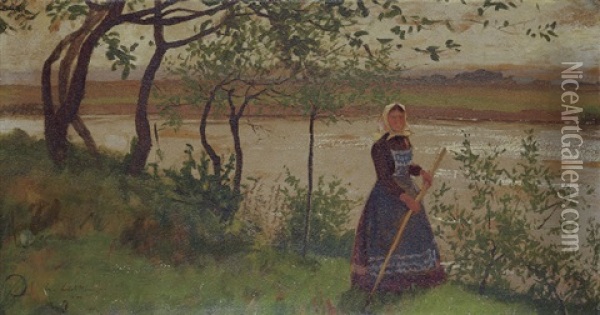 Frau Am Flussufer Oil Painting - Walter Leistikow