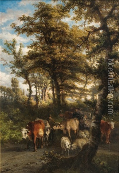 Shepherds With Flock Oil Painting - Ildephonse Stocquart