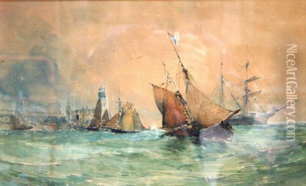 Harbour Scene With Sailing Boats On Rough Seas With Buildings In Background Oil Painting - Charles Dixon