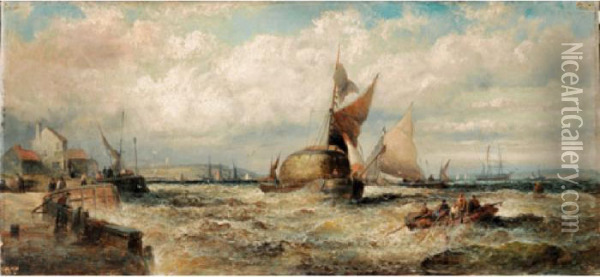 Wind Against Tide, Barges, Mouth
 Of The Thames; A Fresh Breeze, Old Hulks On The Hamoaze, Devonport Oil Painting - William A. Thornley Or Thornber