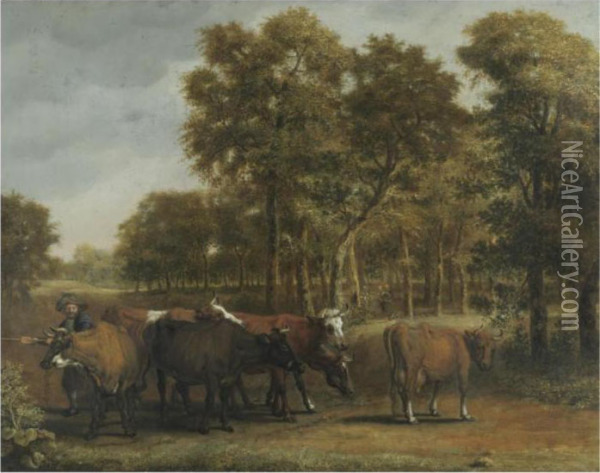 A Landscape With Cows And A Herder Oil Painting - Jan Victors