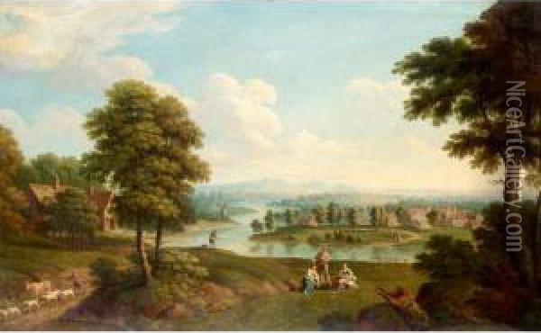 Landscape With A Farmer, Fisherman And Washerwomen Oil Painting - Thomas Smith of Derby