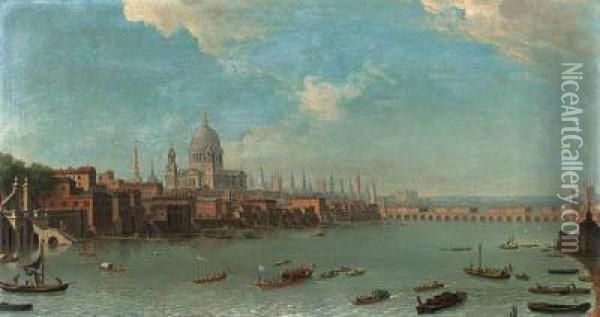 A Panoramic View Of The City Of 
London From The Thames Near Thewater Gate Of Somerset House Oil Painting - Antonio Joli