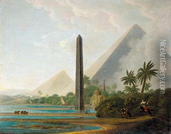 An Egyptian Capriccio Landscape With The Pyramids Of Giza And A Stone Needle On The Banks Of The Nile And Horsemen In The Foreground Oil Painting - Thomas Daniell