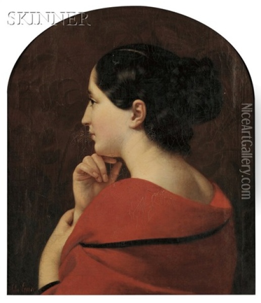 Portrait In Profile Of A Young Woman With A Red Drape Oil Painting - Jules (Jean-Francois-Hyacinthe) Laure