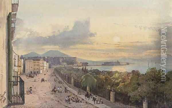 On the promenade at dusk, Naples Oil Painting - Giacinto Gigante