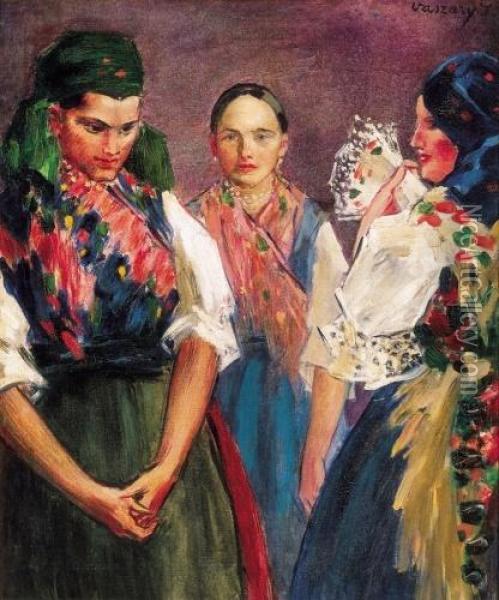 Girls In Their Sunday Best, About 1930 Oil Painting - Janos Vaszary