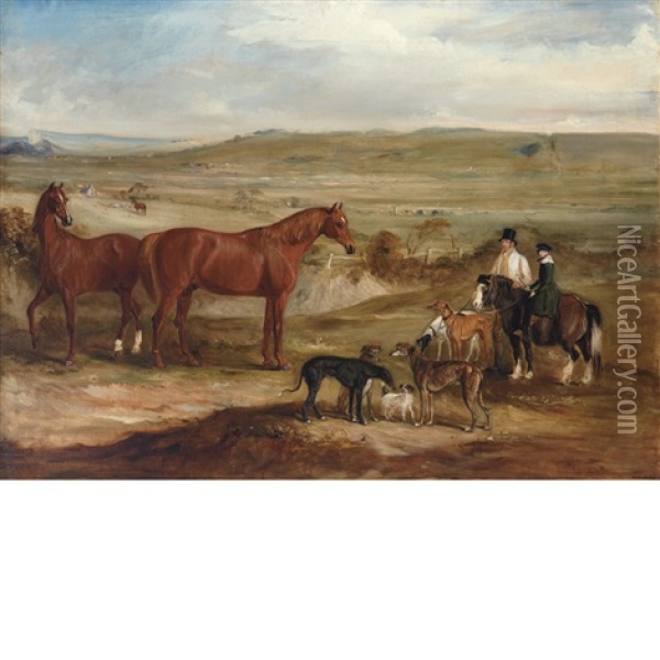 A Gentleman With His Son On His Favorite Pony Surrounded By Their Hounds And Hunters Oil Painting - John Ferneley Jr.