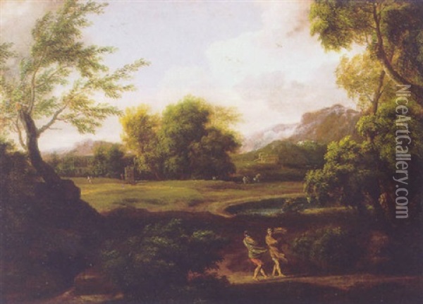 Travelers In A Landscape Oil Painting - Gaspard Dughet