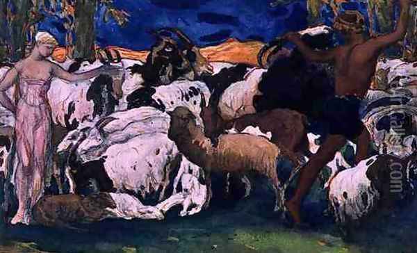 Daphnis and Chloe Bidding Each other Goodnight, design for a decorative panel, from Daphnis and Chloe, c.1912 Oil Painting - Leon Samoilovitch Bakst