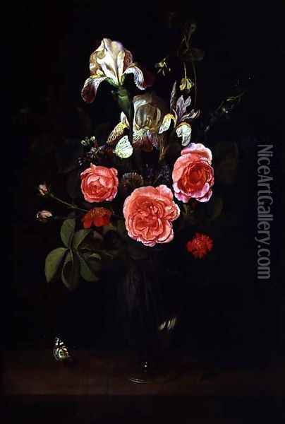 Flowers in a Glass vase with a butterfly on a ledge Oil Painting - Frans Ykens