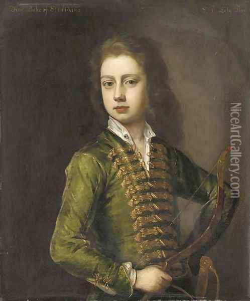Portrait of a young gentleman, half-length, in a green coat, with gold frogging, holding a bow in his left hand Oil Painting - Michael Dahl