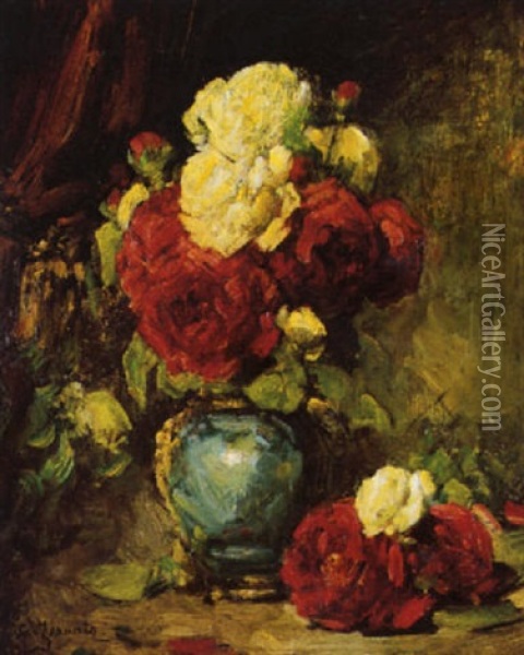 Bouquet De Roses Au Vase Bleu Oil Painting - Georges Jeannin