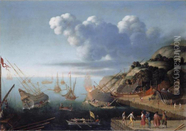 A Ship-building Port Oil Painting - Agostino Tassi