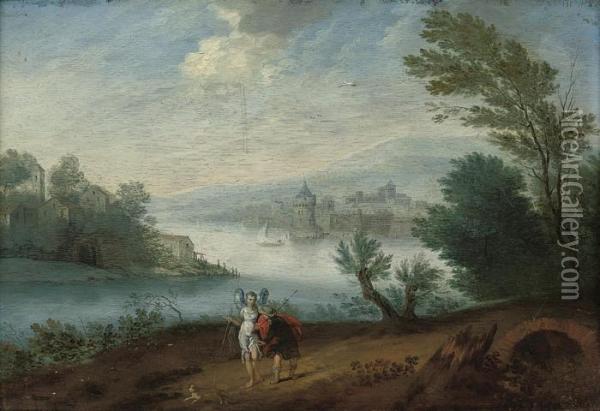 A Wooded River Landscape With Tobias And The Archangelraphael Oil Painting - Lucas Van Uden