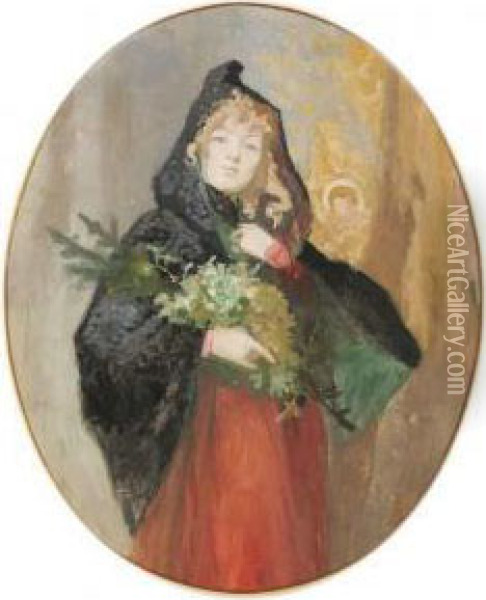 A Young Lady With A Bouquet Oil Painting - Franz Von Bayros
