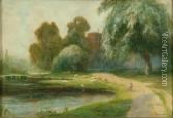 Sheep Grazing At A Lakeside Oil Painting - Theodore Hines