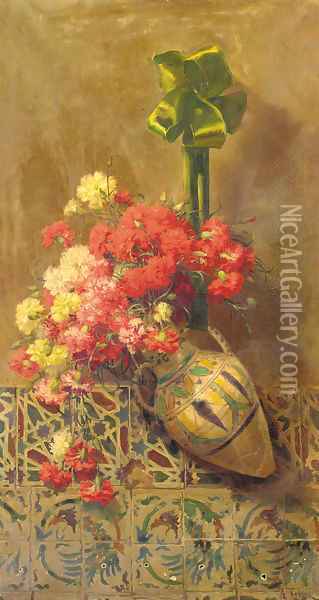 Red and white carnations in a ceramic vase Oil Painting - Aurelio Tolosa Alsina