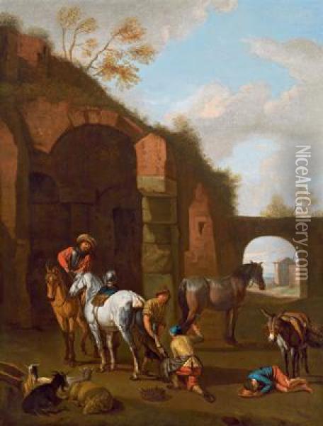 Cavalieri In Sosta In Un Paesaggio Di Rovine Oil Painting - Pieter van Bloemen