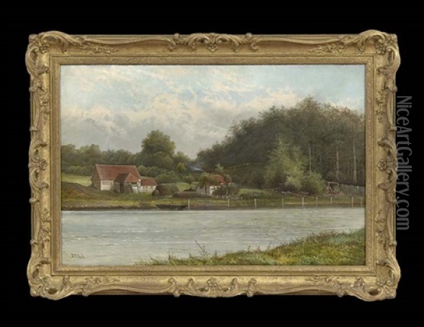 River Landscape With Cottages Oil Painting - Octavius Thomas Clark