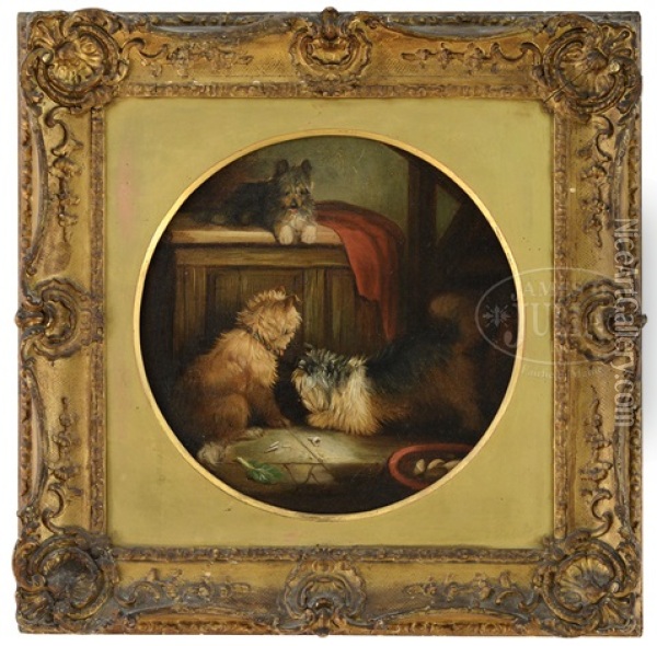 Three Terriers In Interior Oil Painting - George Armfield