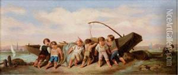 Children At The Seashore Oil Painting - Francois Louis Lanfant de Metz