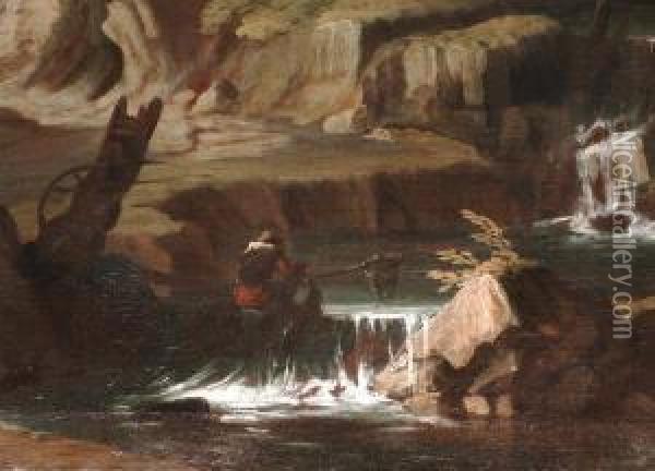 Felsige Herbstlandschaft Mit
 Wasserfall Und Figurenstaffage Oil Painting - Jacob De Heusch