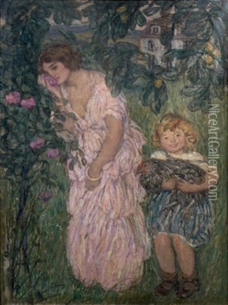 Femme Et Enfant Dans Un Jardin Oil Painting - Edmond Francois Aman-Jean