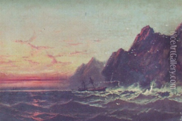 Ship At Sunset Along A Rocky Shoreline Oil Painting - James Hamilton
