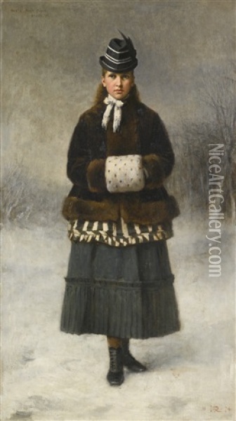 Portrait Of Mabel Mary Field, Aged 13, Standing Full-length, In A Brown Fur Jacket Oil Painting - George Reid