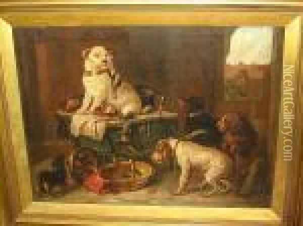 Bull Terrier And Other Dogs In A Barn Interior Oil Painting - Landseer, Sir Edwin
