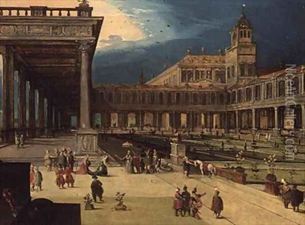 The Gardens and Courtyard of a Renaissance Palace Oil Painting - Louis de Caullery