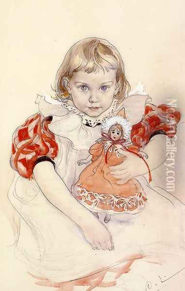 A Young Girl with a Doll Oil Painting - Carl Larsson
