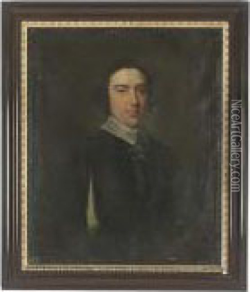 Portrait Of A Gentleman, 
Bust-length, In A Blue Coat With White Collar And Slashed Sleeves, 
Feigned Oval Oil Painting - Tilly Kettle