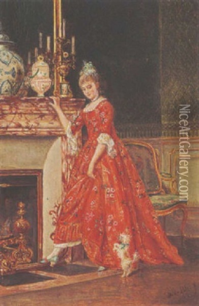 An Elegant Lady And Her Dog By A Fireplace Oil Painting - David Joseph Bles