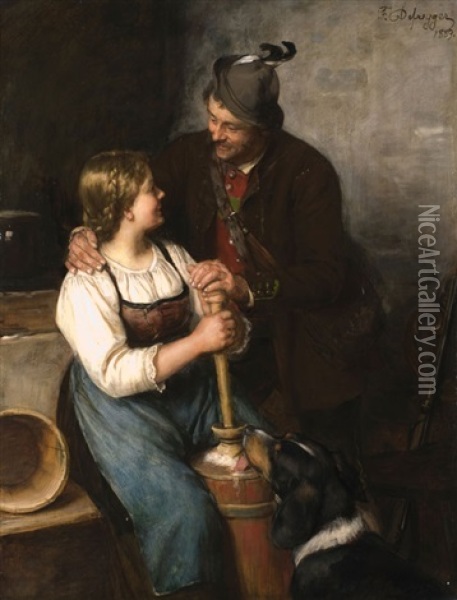 Dirndl Und Jager In Der Almhutte Oil Painting - Franz Von Defregger